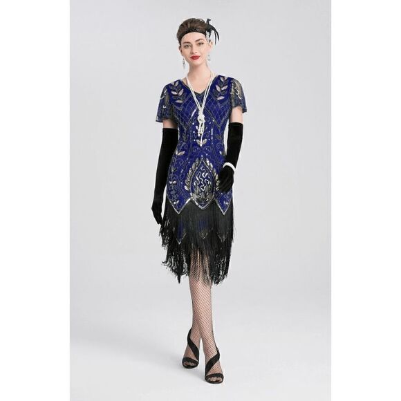 ✨💙 Flapper Great Gatsby 1920s Retro Tassel Fringe Sequin Blue Dress XL NEW - Picture 8 of 15